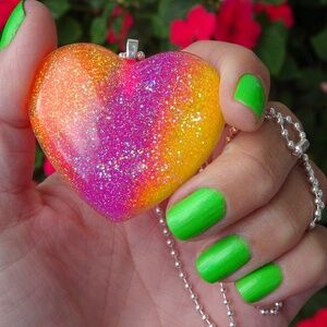 Big Neon Orange Pink & Yellow Glitter Heart Resin Pendant Colorful Necklace